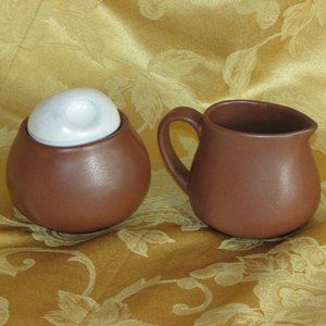 Sango Sienna Linen Creamer & Covered Sugar Bowl 4958 Brown Vintage
